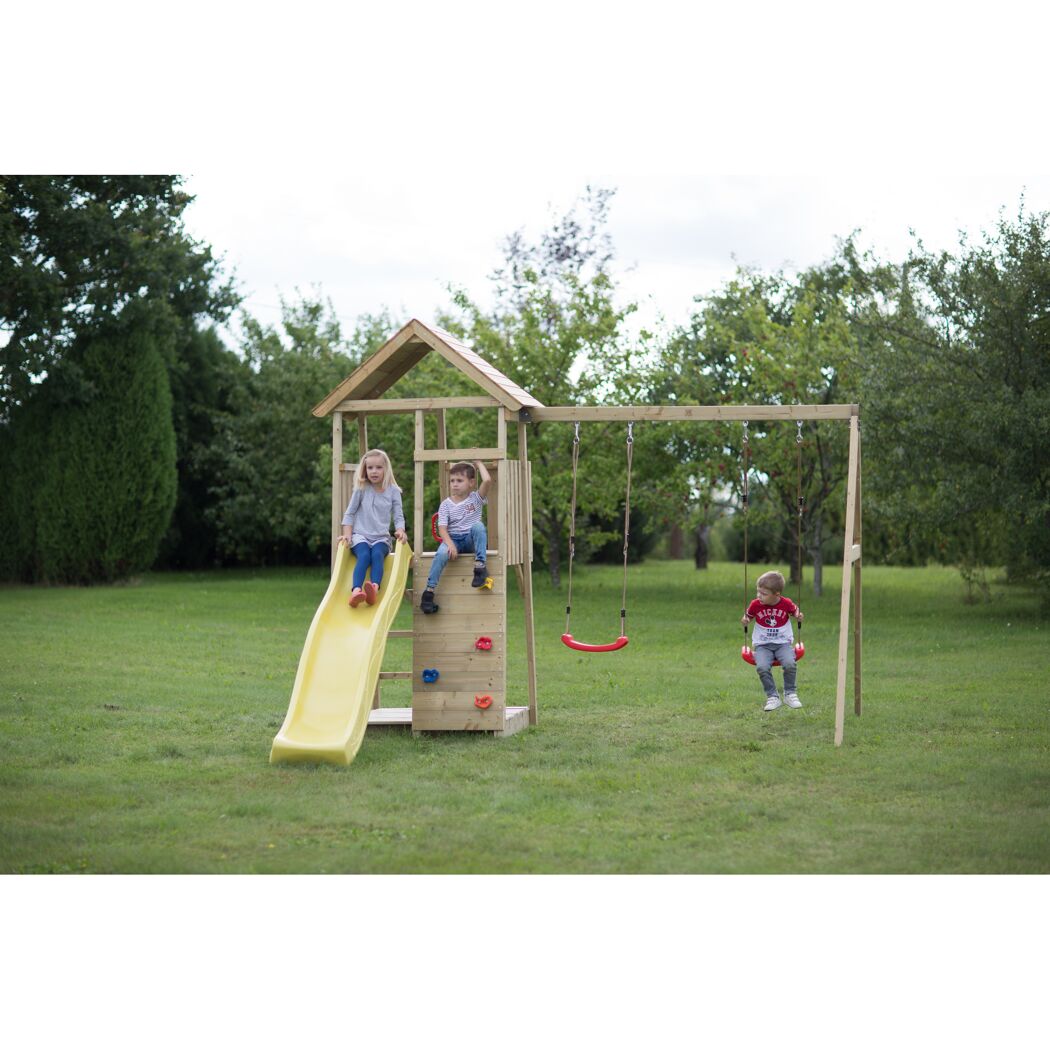 Holz-Spielturm 'Pinguin' natur Rutsche, Kletterwand, 2 Schaukeln und Sandkasten 280 x 340 x 270 cm