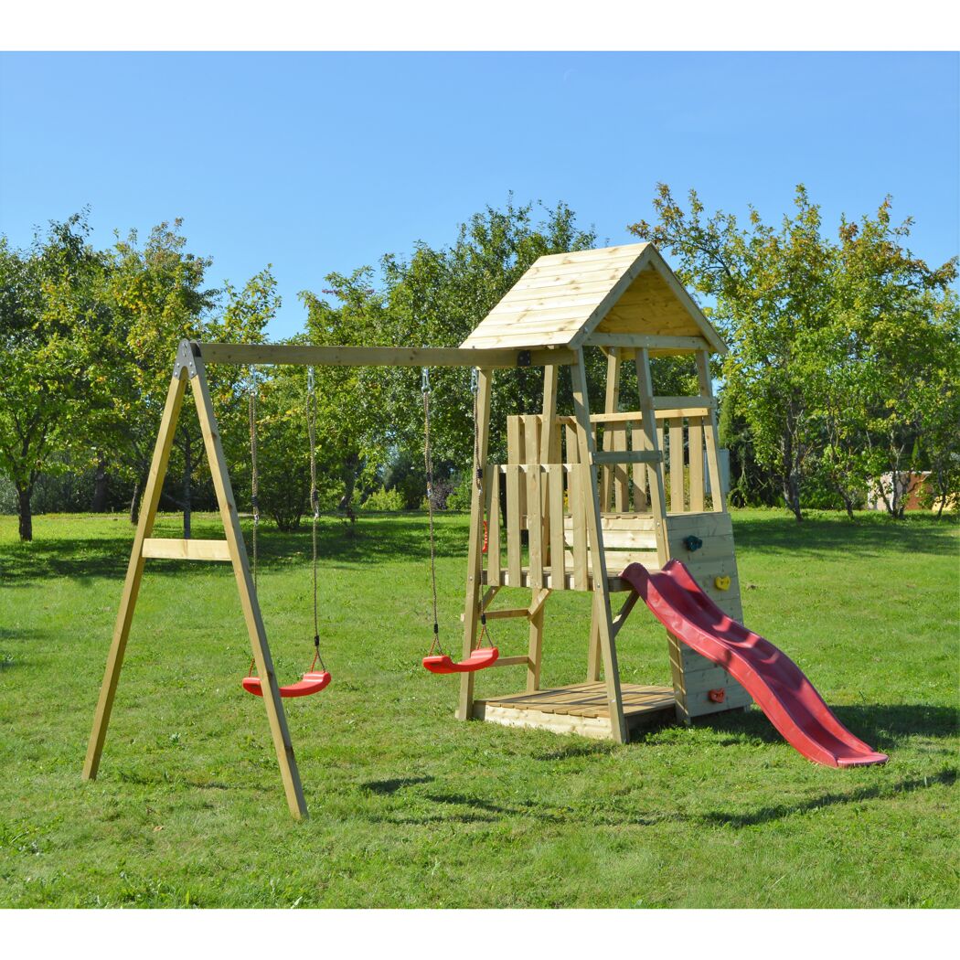 Holz-Spielturm 'Salamander' natur Rutsche, Kletterwand und 2 Schaukeln 290 x 340 x 270 cm