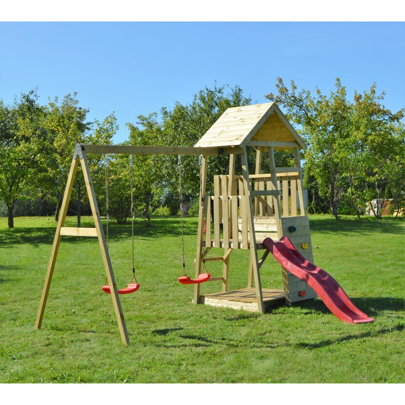 Holz-Spielturm 'Salamander' natur Rutsche, Kletterwand und 2 Schaukeln 290 x 340 x 270 cm