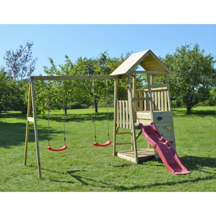 Holz-Spielturm 'Salamander' natur Rutsche, Kletterwand und 2 Schaukeln 290 x 340 x 270 cm