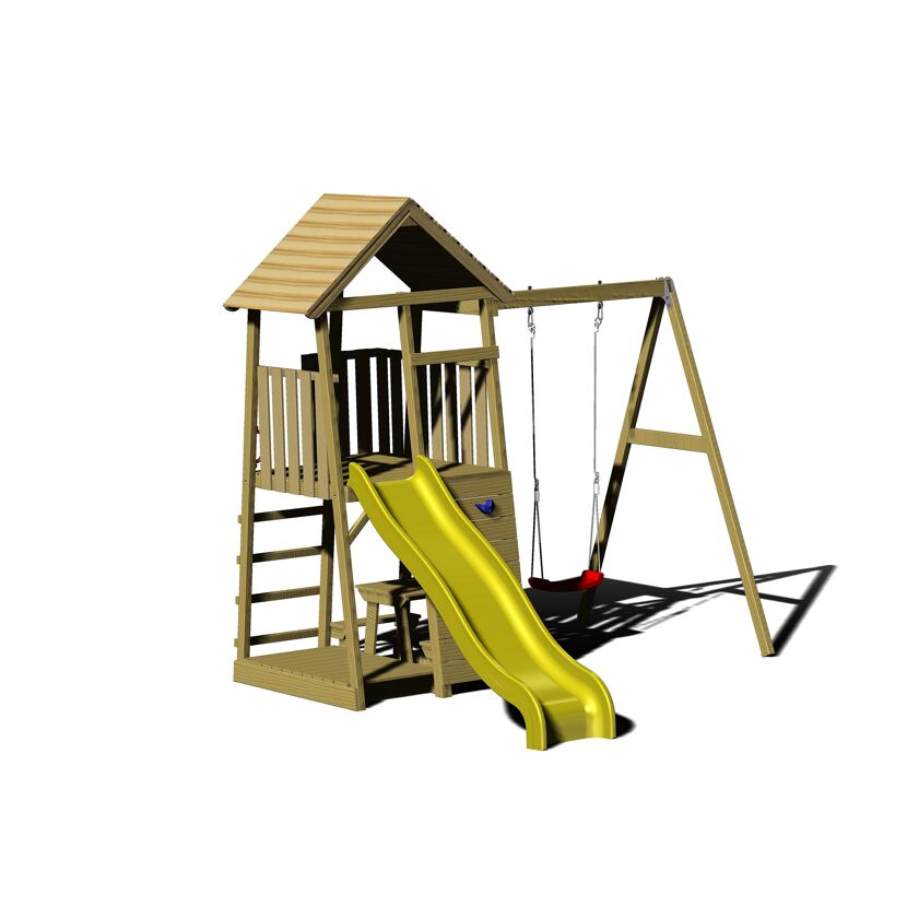 Spielturm aus Holz mit Rutsche und Schaukel.