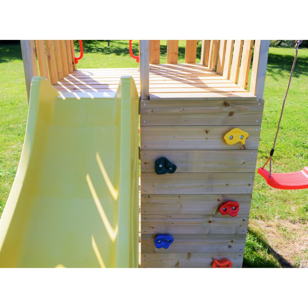 Spielturm mit Rutsche, Schaukel und Kletterwand