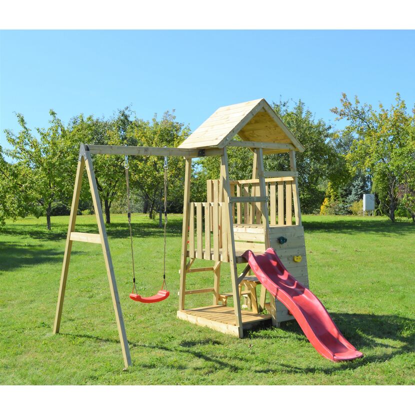 Holz-Spielturm 'Gorilla' natur Rutsche, Kletterwand, Schaukel und Picknicktisch 290 x 270 x 270 cm