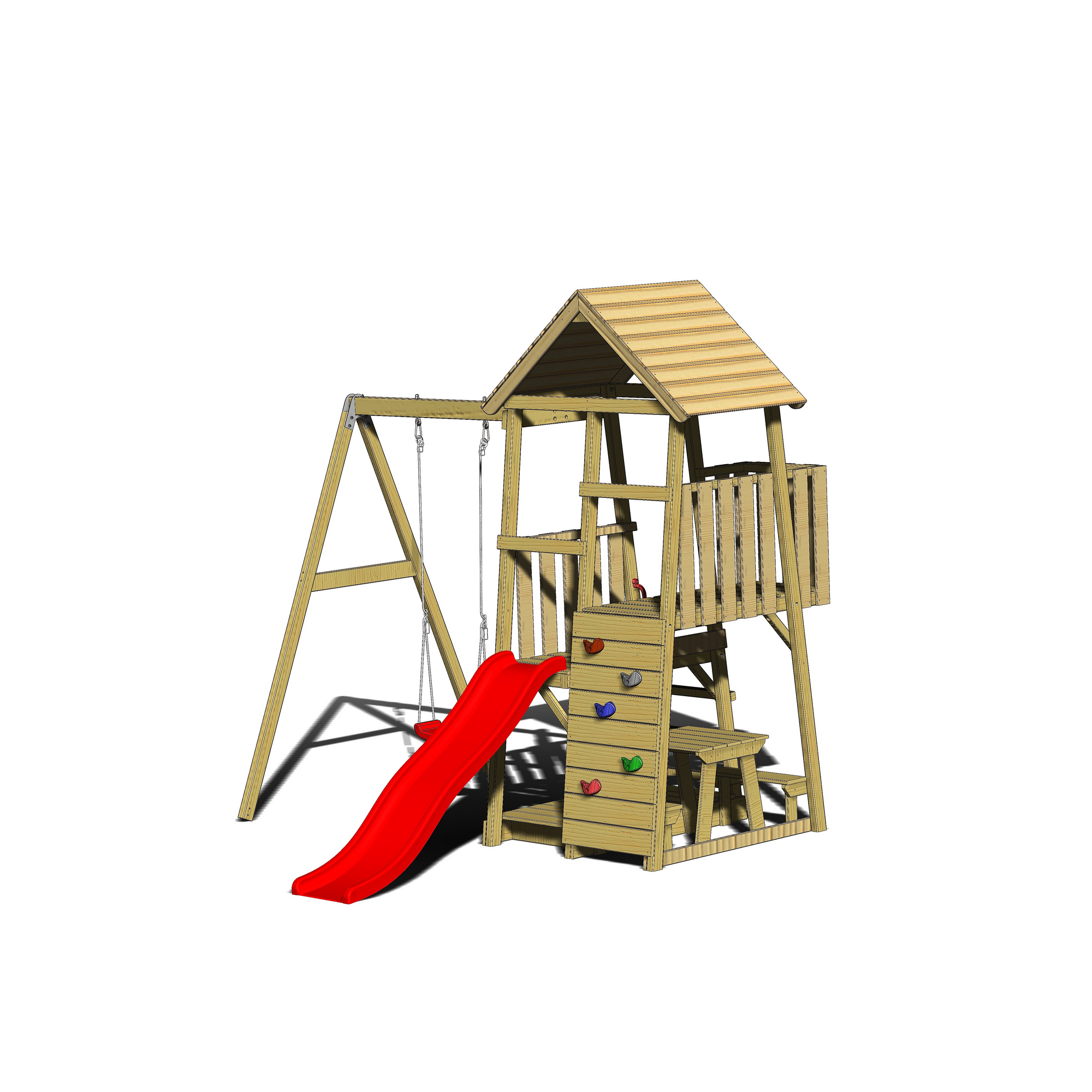 Holz-Spielturm 'Gorilla' natur Rutsche, Kletterwand, Schaukel und Picknicktisch 290 x 270 x 270 cm + product picture