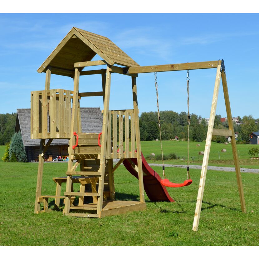 Holz-Spielturm 'Gorilla' natur Rutsche, Kletterwand, Schaukel und Picknicktisch 290 x 270 x 270 cm