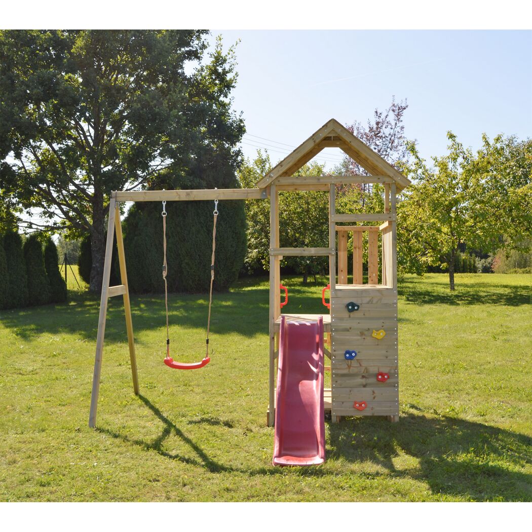 Holz-Spielturm 'Gorilla' natur Rutsche, Kletterwand, Schaukel und Picknicktisch 290 x 270 x 270 cm