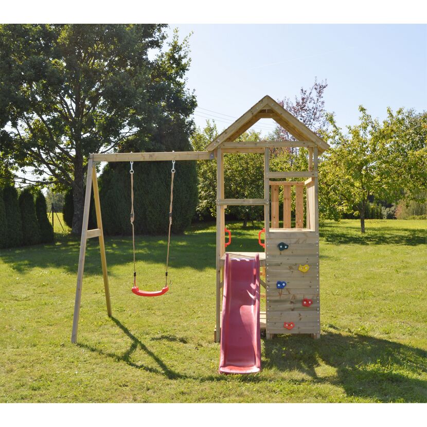 Holz-Spielturm 'Gorilla' natur Rutsche, Kletterwand, Schaukel und Picknicktisch 290 x 270 x 270 cm