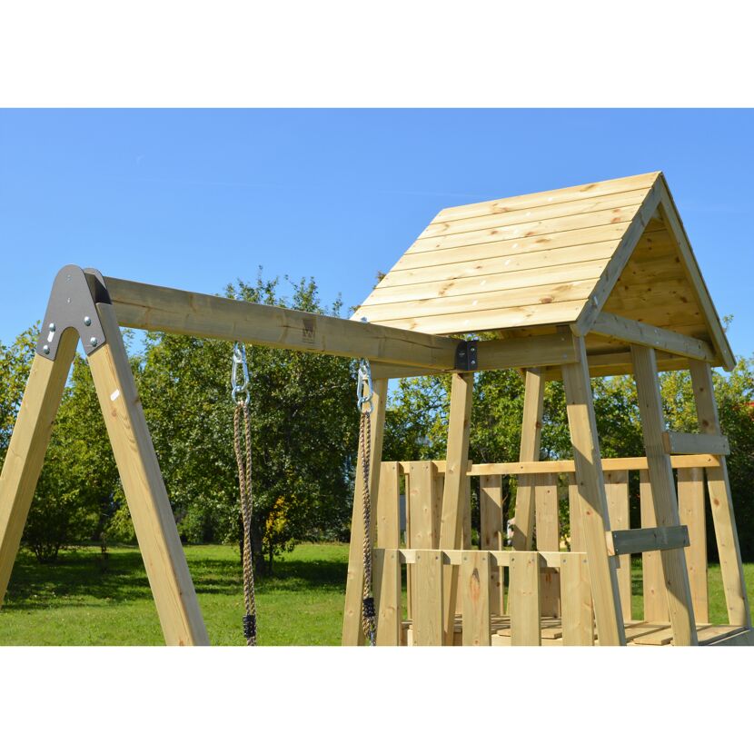 Holz-Spielturm 'Gorilla' natur Rutsche, Kletterwand, Schaukel und Picknicktisch 290 x 270 x 270 cm