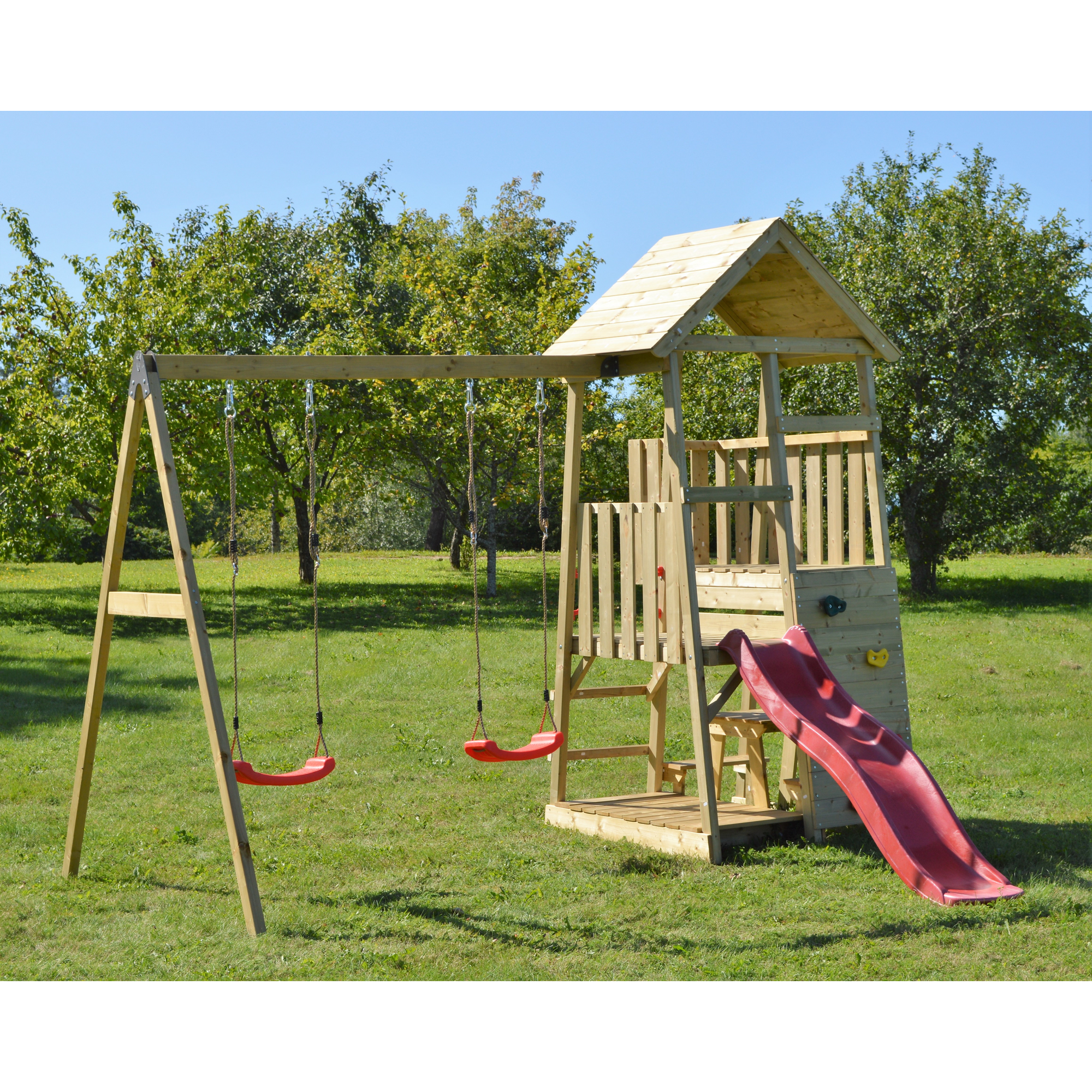 Holz-Spielturm 'Flamingo' natur Rutsche, Kletterwand, 2 Schaukeln und Picknicktisch 280 x 340 x 270 cm + product picture