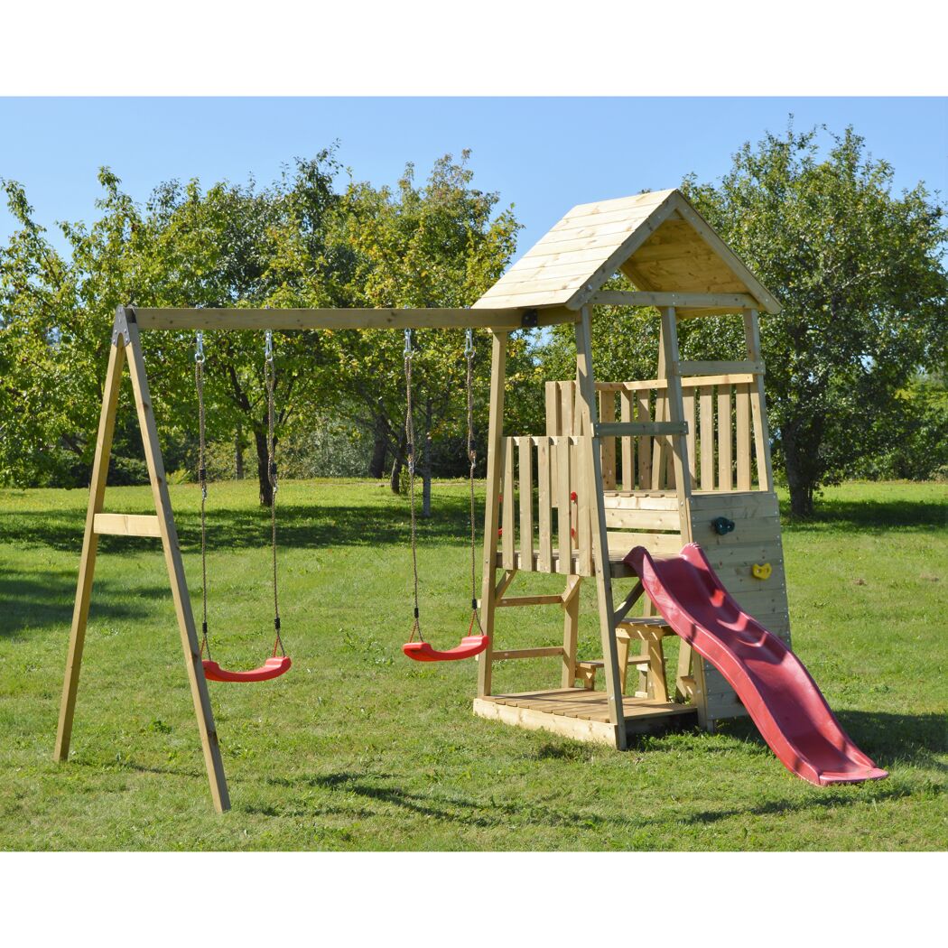Holz-Spielturm 'Flamingo' natur Rutsche, Kletterwand, 2 Schaukeln und Picknicktisch 280 x 340 x 270 cm