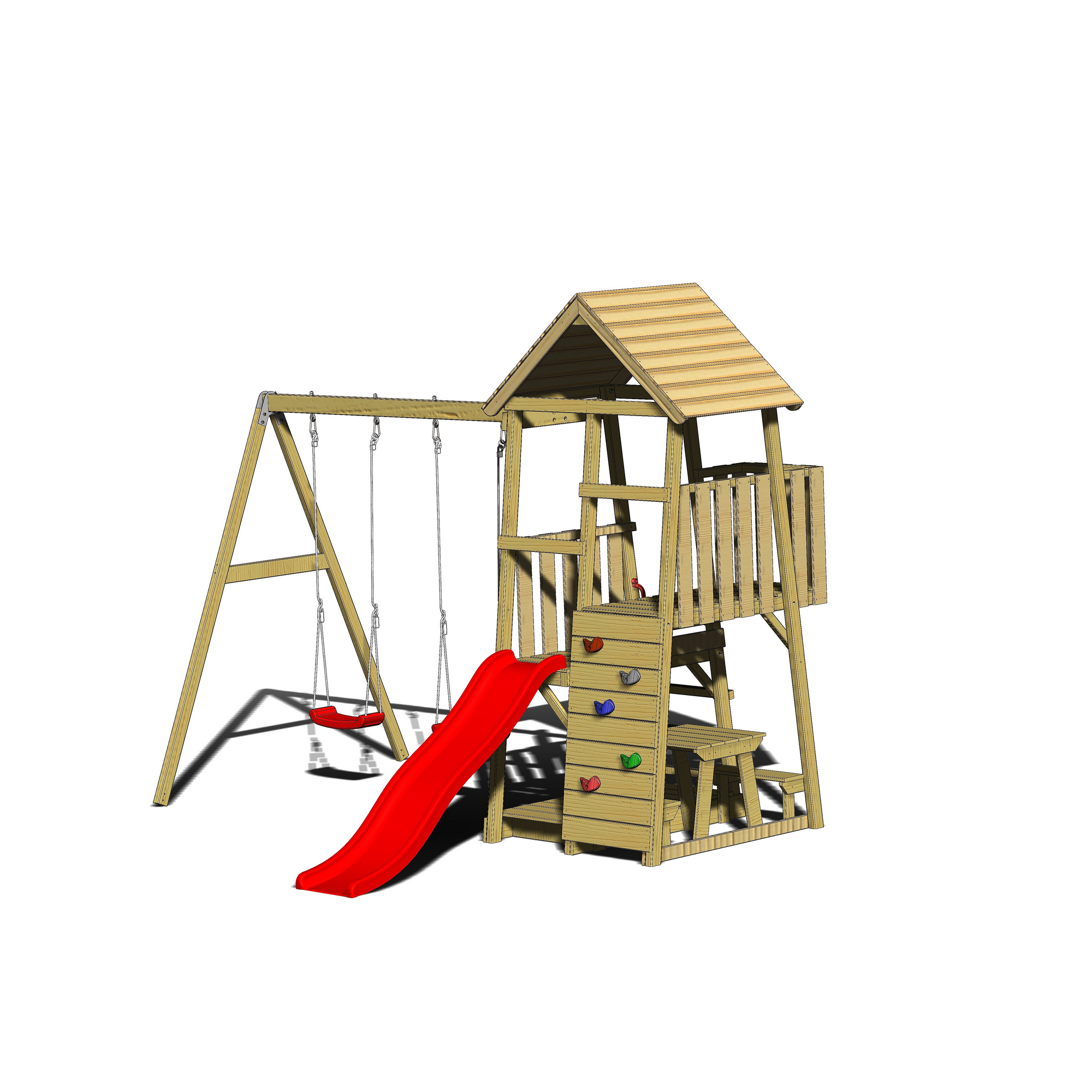 Holz-Spielturm 'Flamingo' natur Rutsche, Kletterwand, 2 Schaukeln und Picknicktisch 280 x 340 x 270 cm + product picture