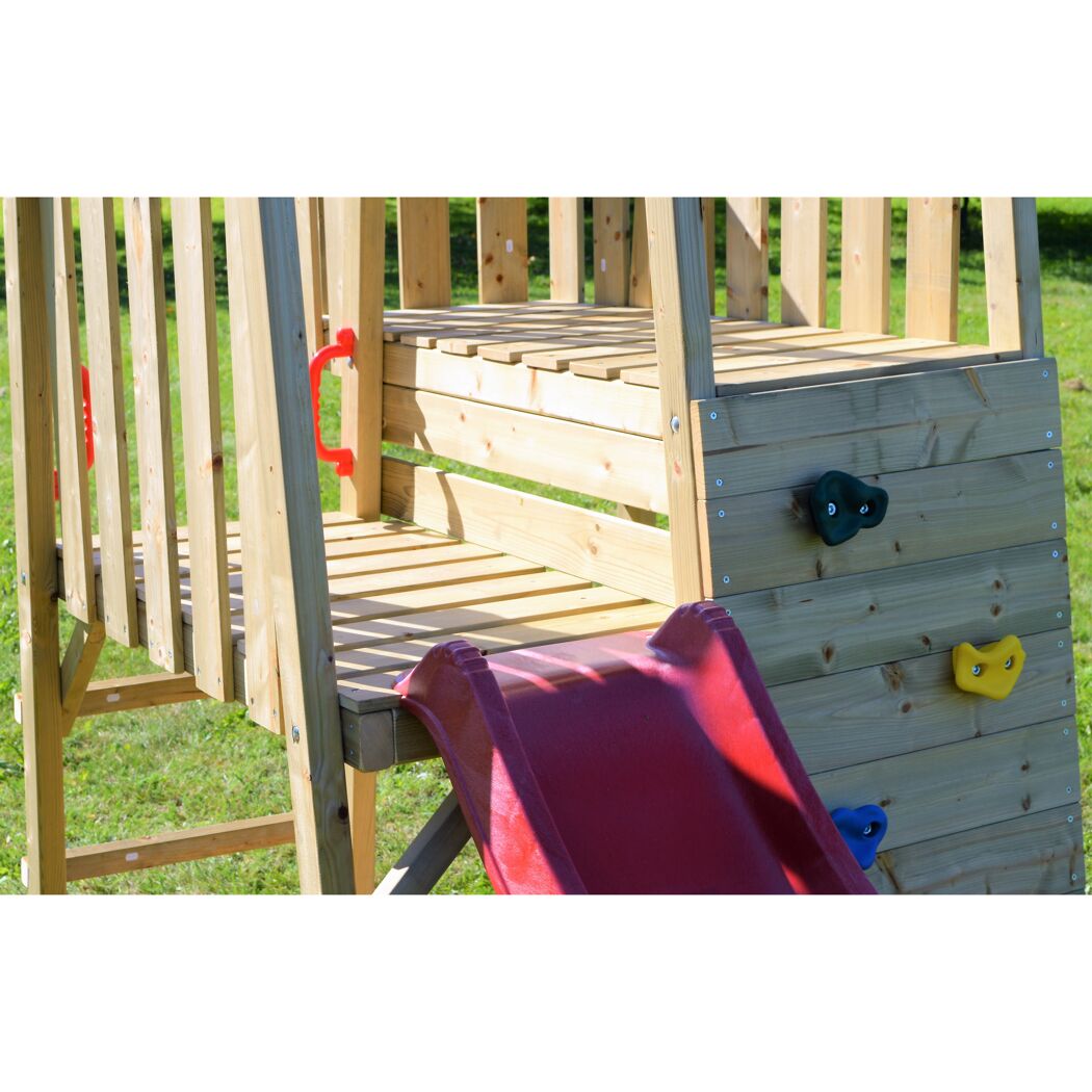 Holz-Spielturm 'Flamingo' natur Rutsche, Kletterwand, 2 Schaukeln und Picknicktisch 280 x 340 x 270 cm