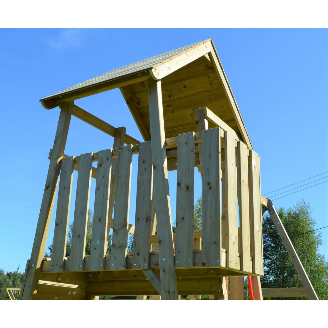 Holz-Spielturm 'Flamingo' natur Rutsche, Kletterwand, 2 Schaukeln und Picknicktisch 280 x 340 x 270 cm