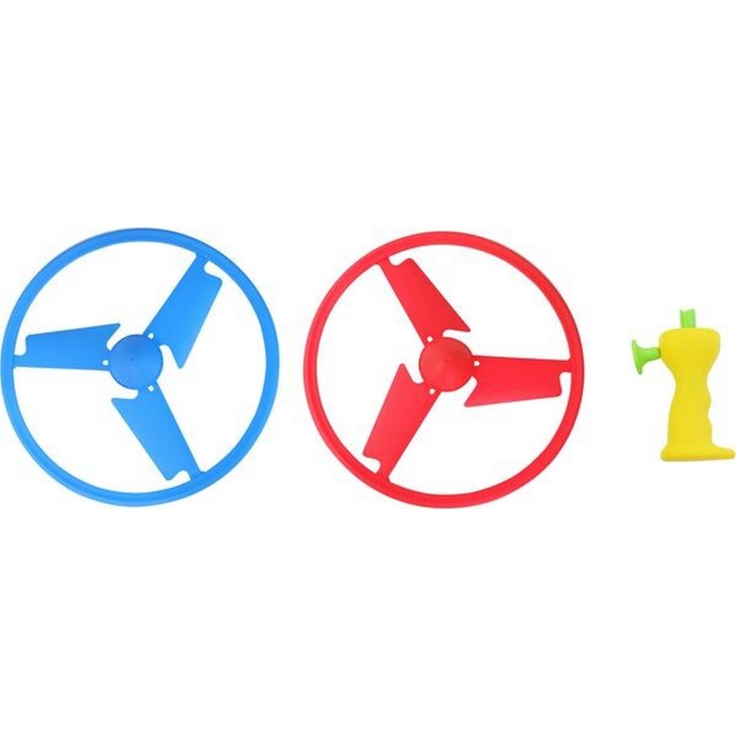 Zwei Flugkreisel in Blau und Rot mit gelbem Launcher.