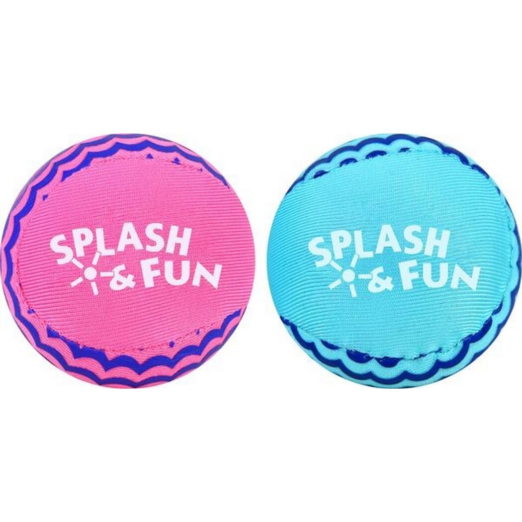 Zwei pinke und blaue Wasserbälle 'Splash & Fun' mit Wellenmuster.
