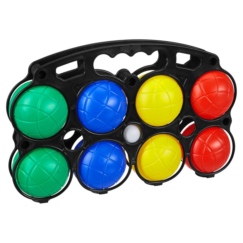 Boccia-Set mit acht bunten Kugeln in einer Tragetasche.