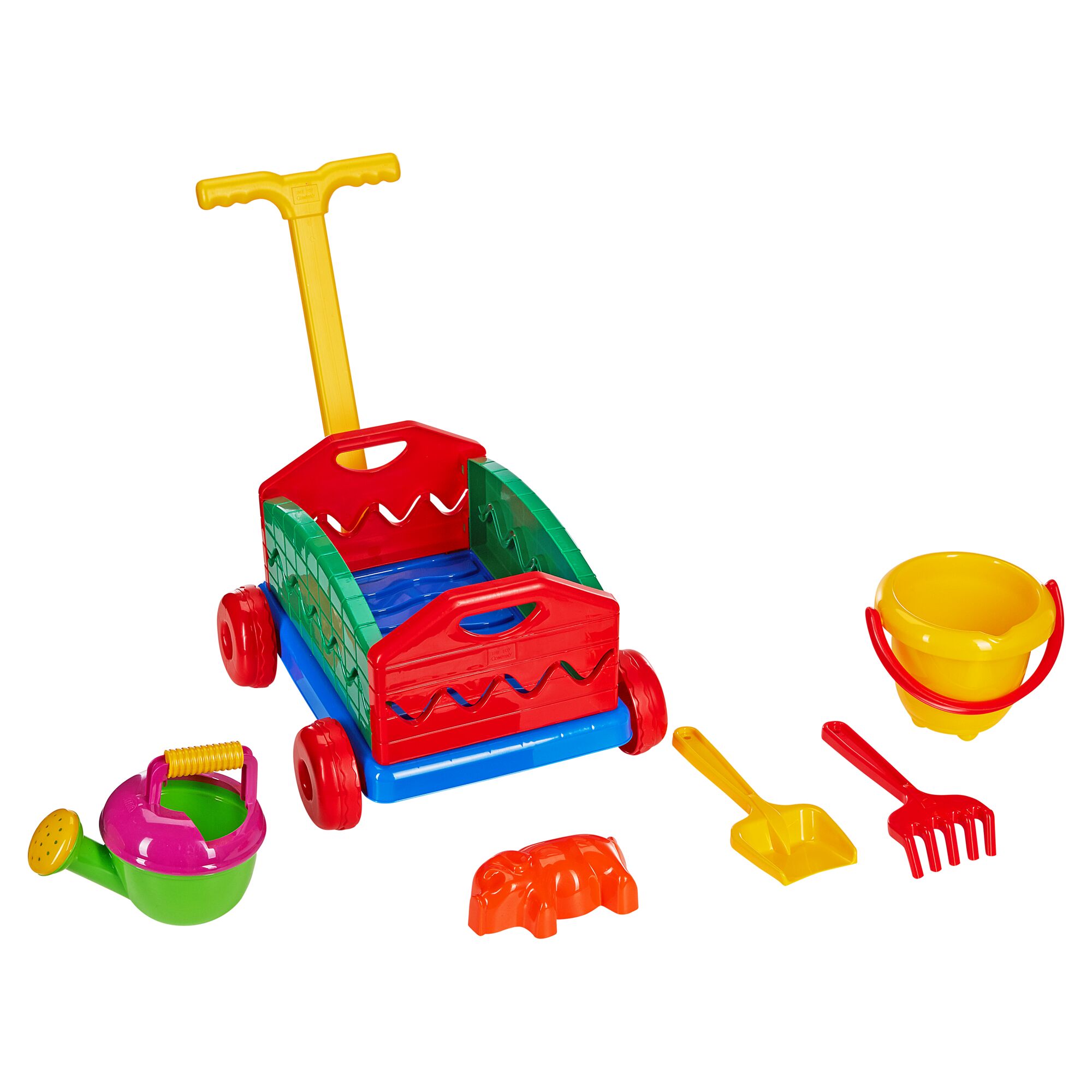 Bunter Sandwagen mit Eimergarnitur, Gießkanne, Schaufel, Harke und Sandförmchen.