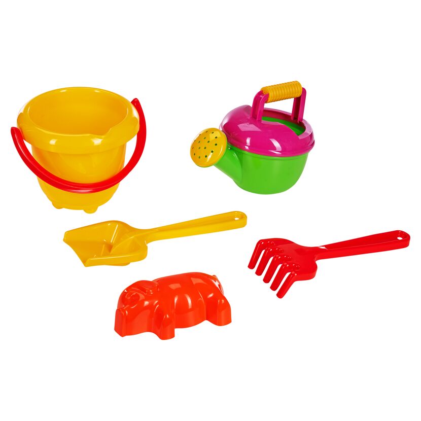 Buntes Sandspielzeug-Set: Eimer, Gießkanne, Schaufel, Harke, Schweineform