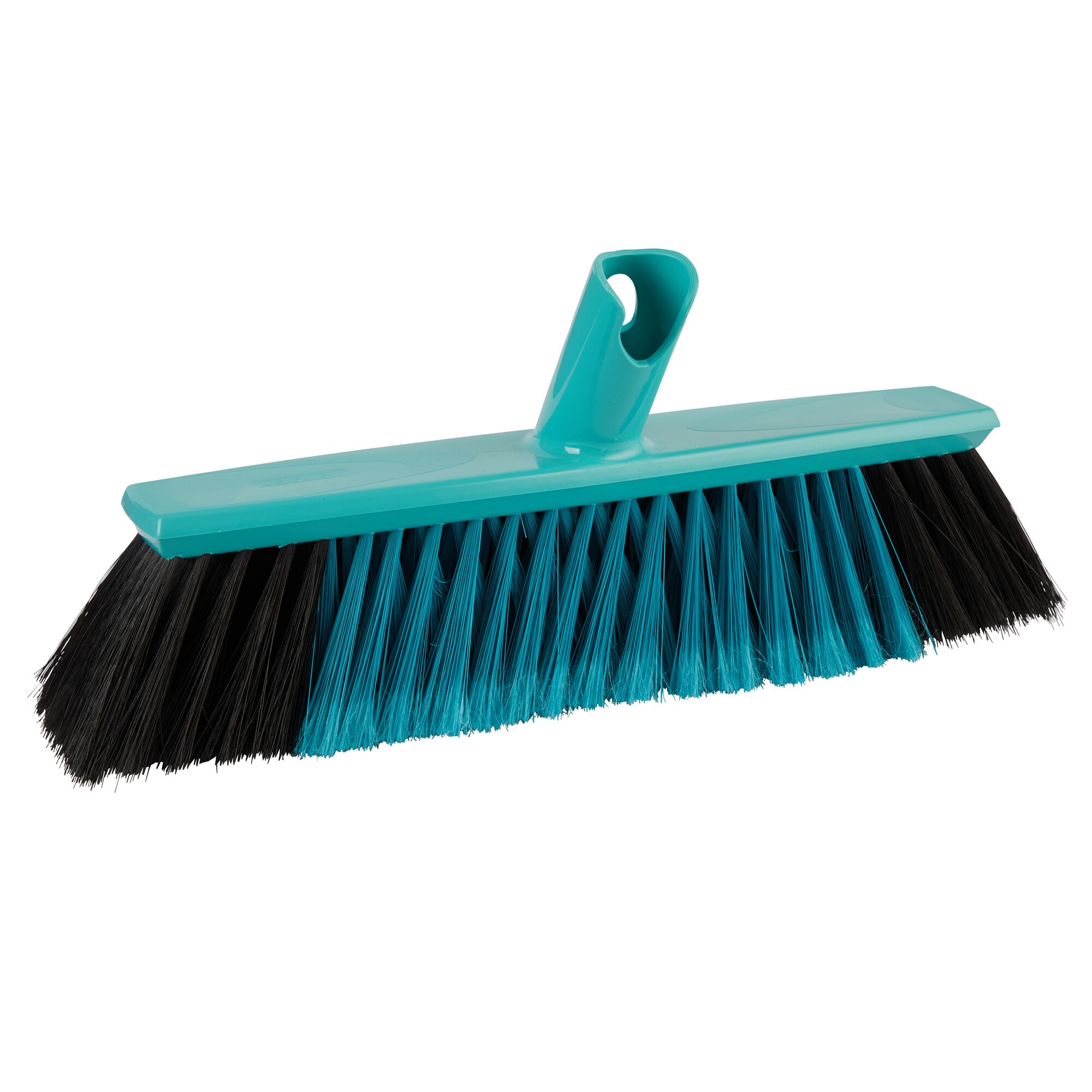 Besen mit türkisfarbenem Griff und schwarzen und türkisen Borsten