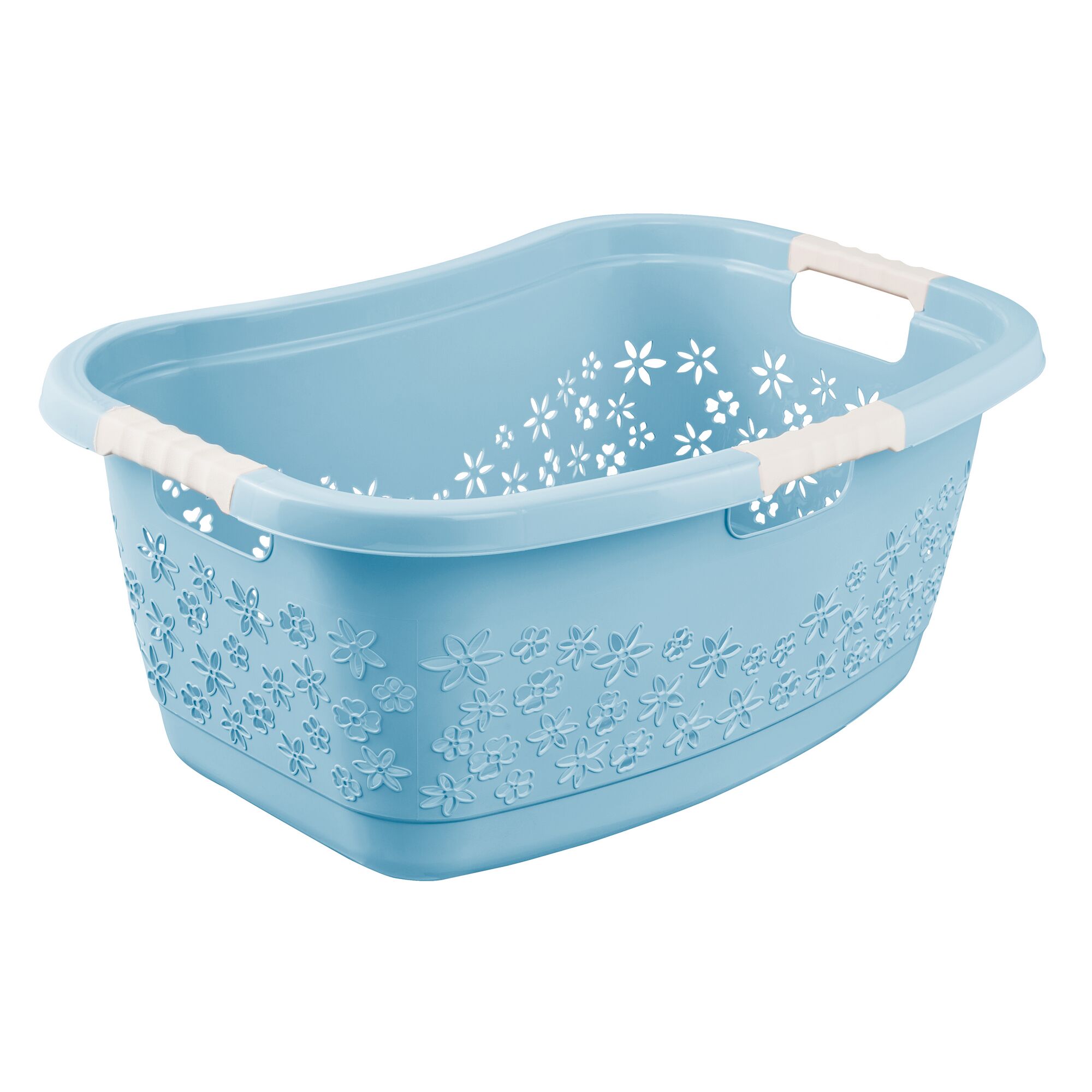 Blauer Wäschekorb mit floralen Ausstanzungen