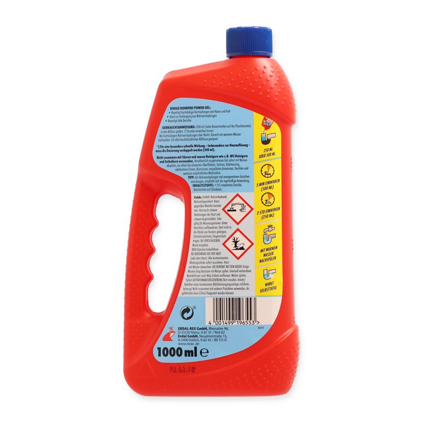 Eine Flasche Rorax Rohrfrei Power-Gel.