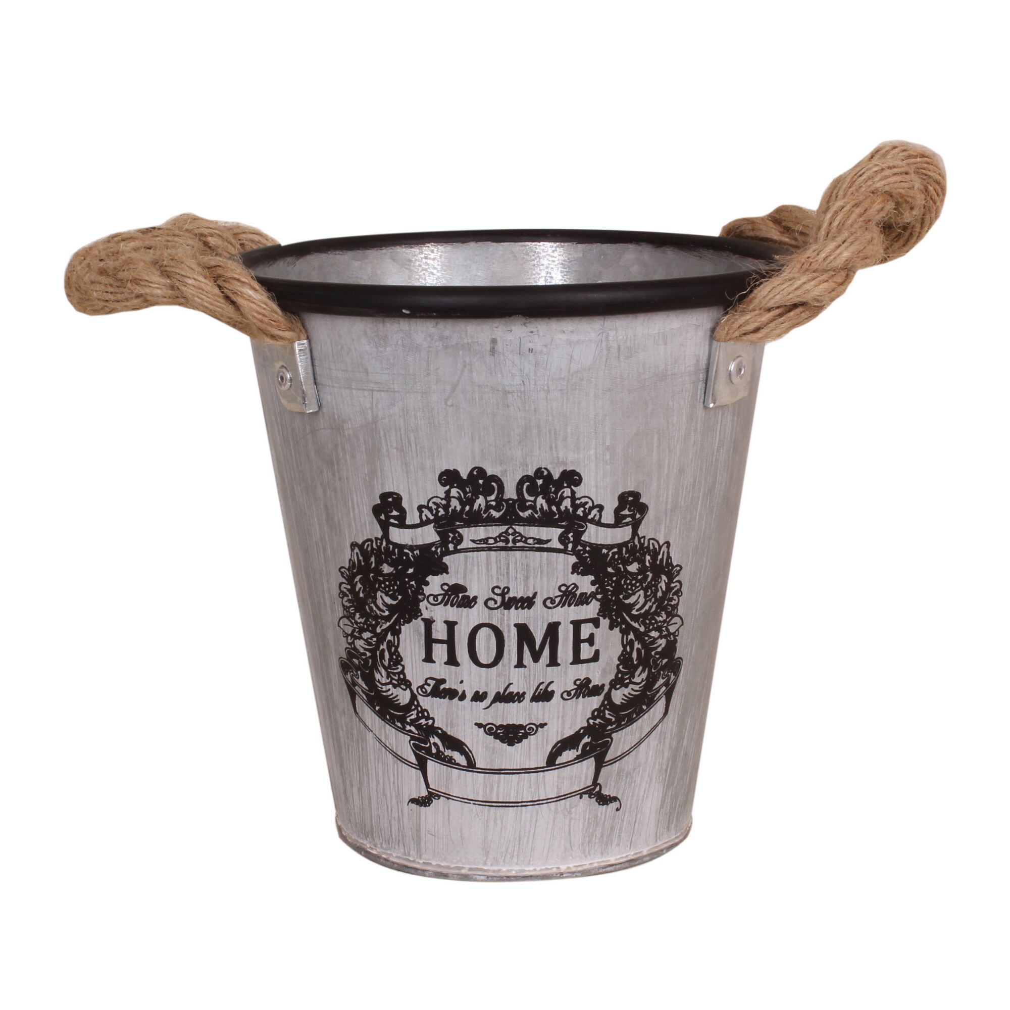 Metallübertopf Shappy Look mit Jutegriffen und der Aufschrift "HOME"