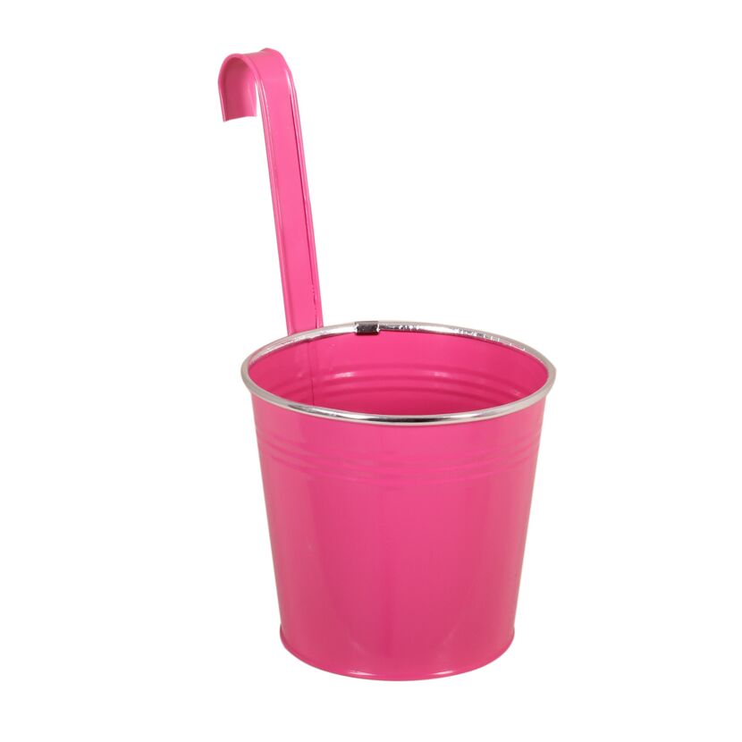 Pinkfarbener Hängetopf mit silbernem Rand