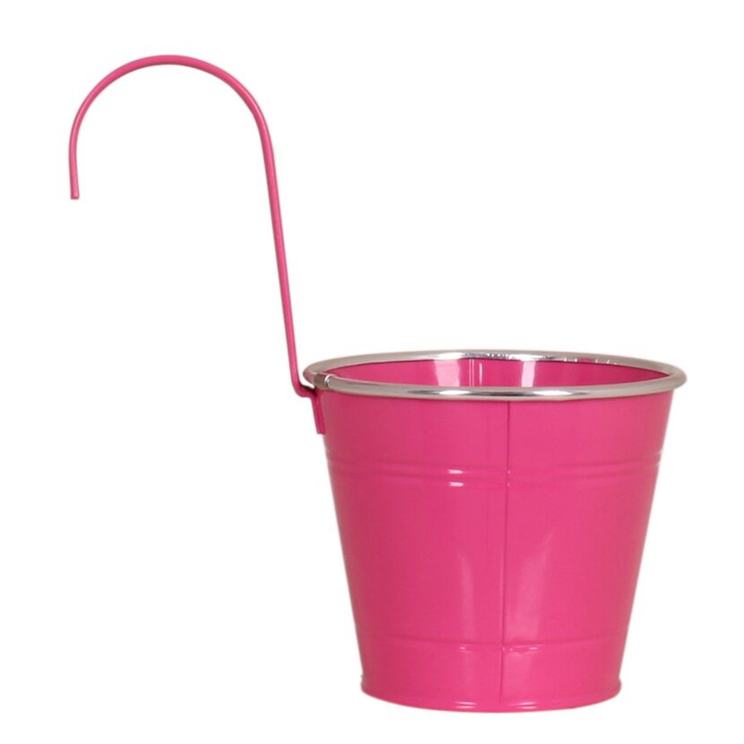 Pinker Hängetopf aus Zink mit silbernem Rand.