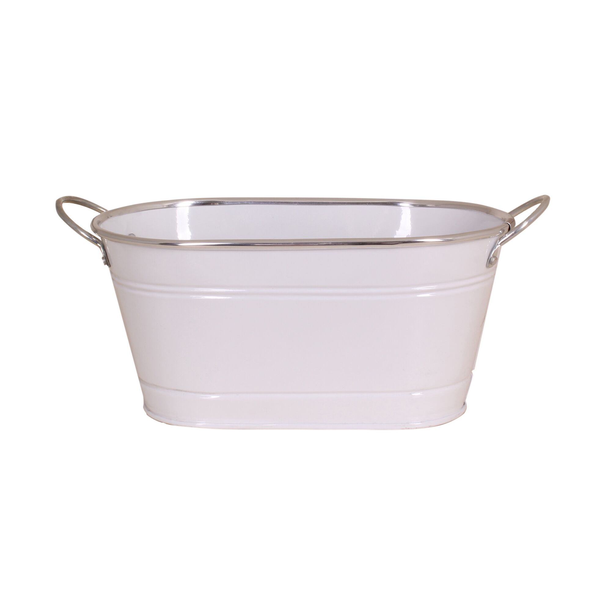 Weiße Zink-Jardiniere mit silbernem Rand