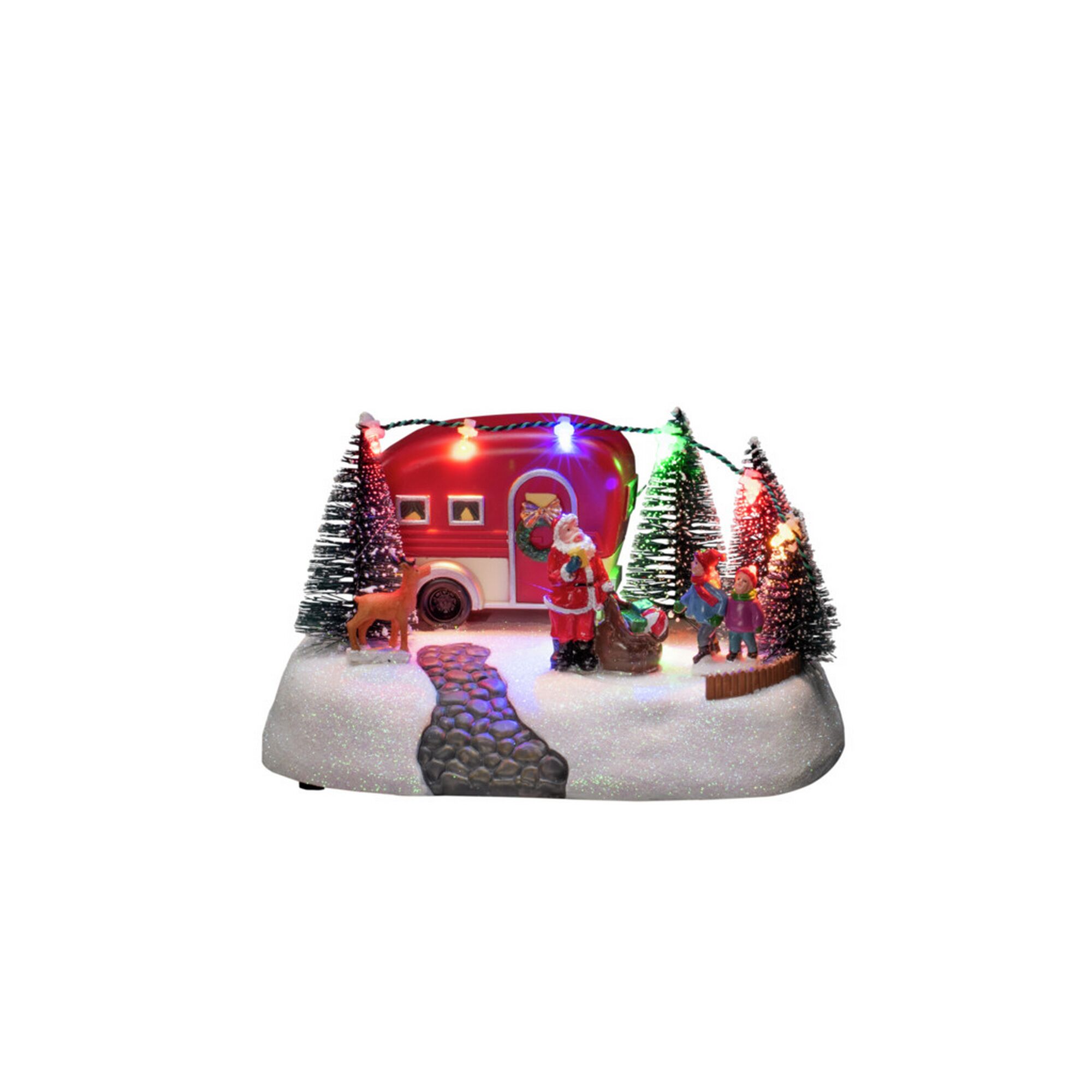 Weihnachtliche Szene mit Wohnwagen, Weihnachtsmann und Kindern.