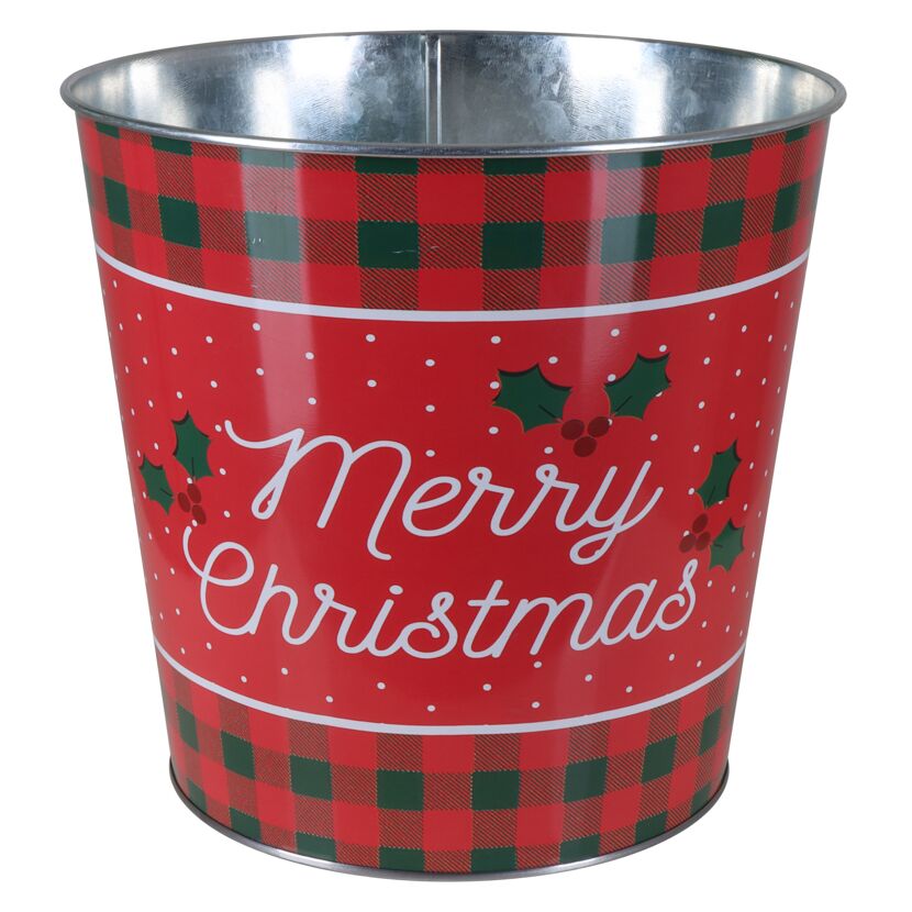 Roter Zinktopf mit "Merry Christmas"-Schriftzug