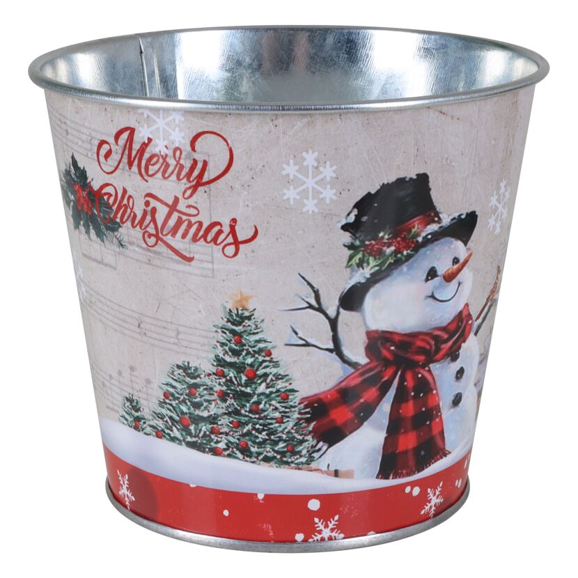 Zinktopf mit Schneemann-Motiv und Weihnachtsbaum