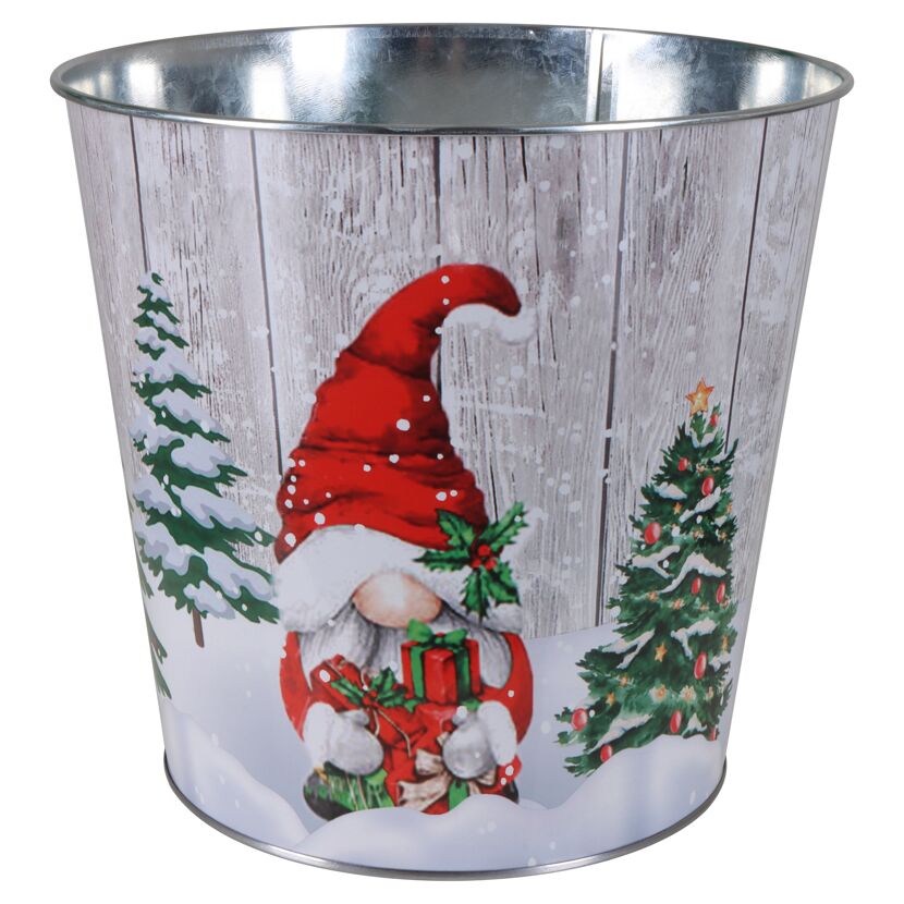 Metalltopf mit Weihnachtsmotiv: Wichtel mit Geschenken vor Holzwand