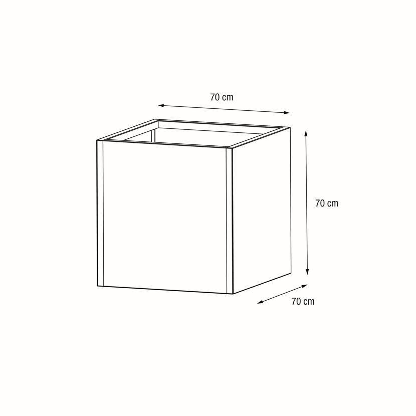 Skizze eines quadratischen Pflanzkastens mit den Maßen 70 x 70 x 70 cm.