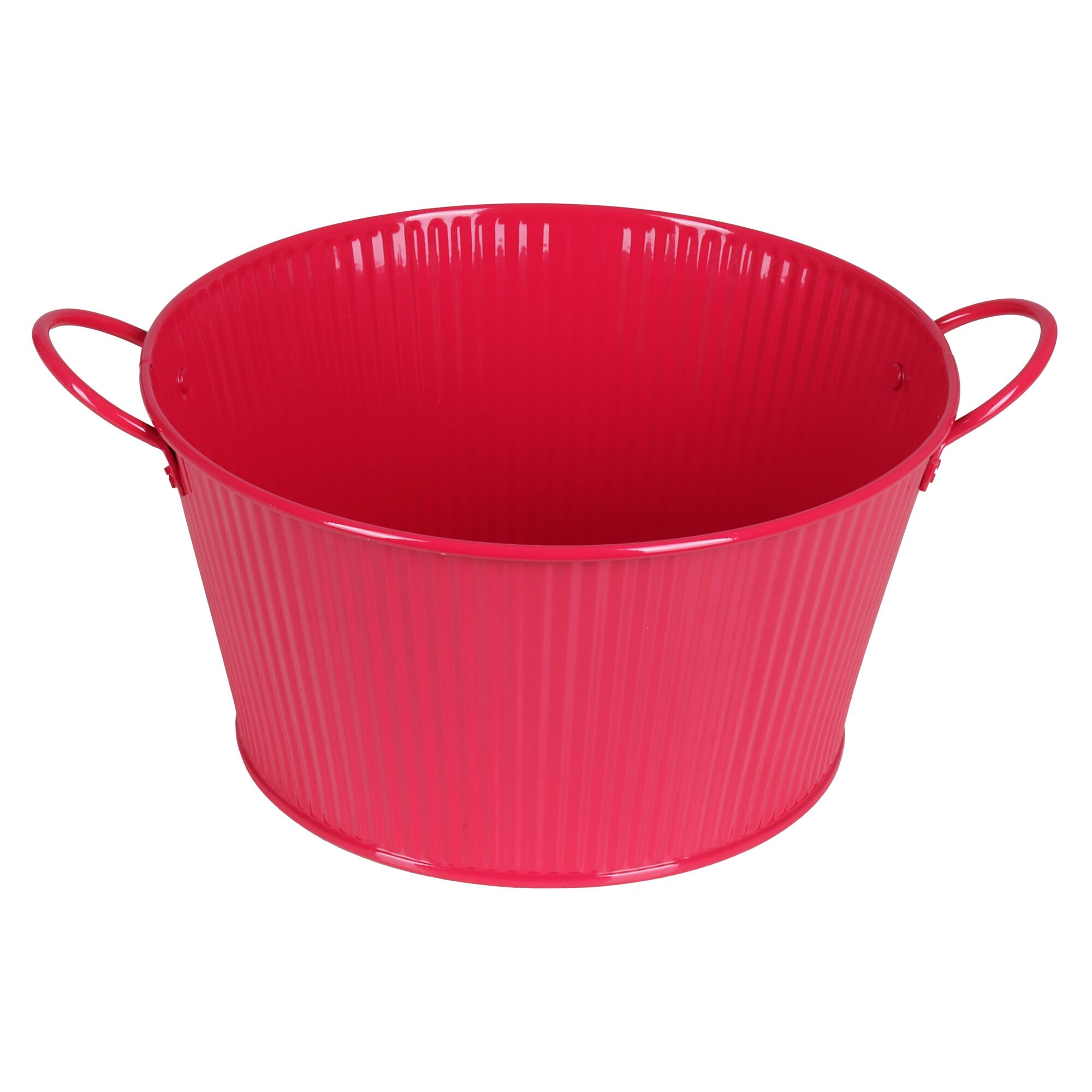 Pinkfarbener Zinktopf mit Streifen.