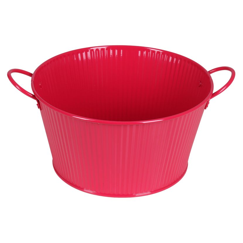 Pinkfarbener Zinktopf mit Streifen.