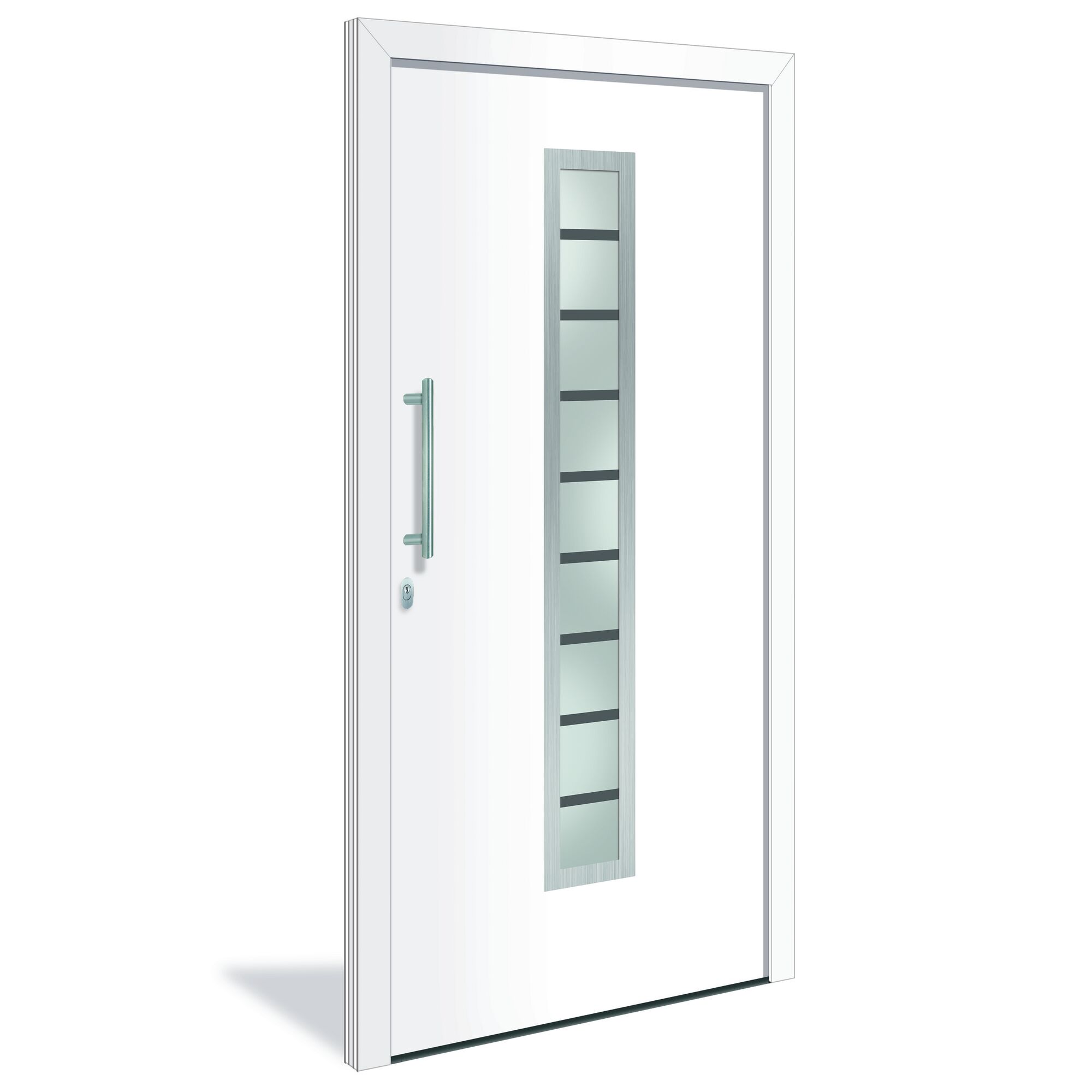 Weiße Haustür mit Glaseinsatz und Griff.