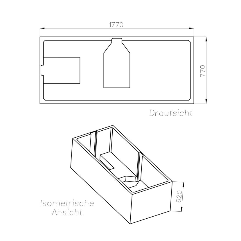 Skizze eines Wannenträgers mit Maßen.