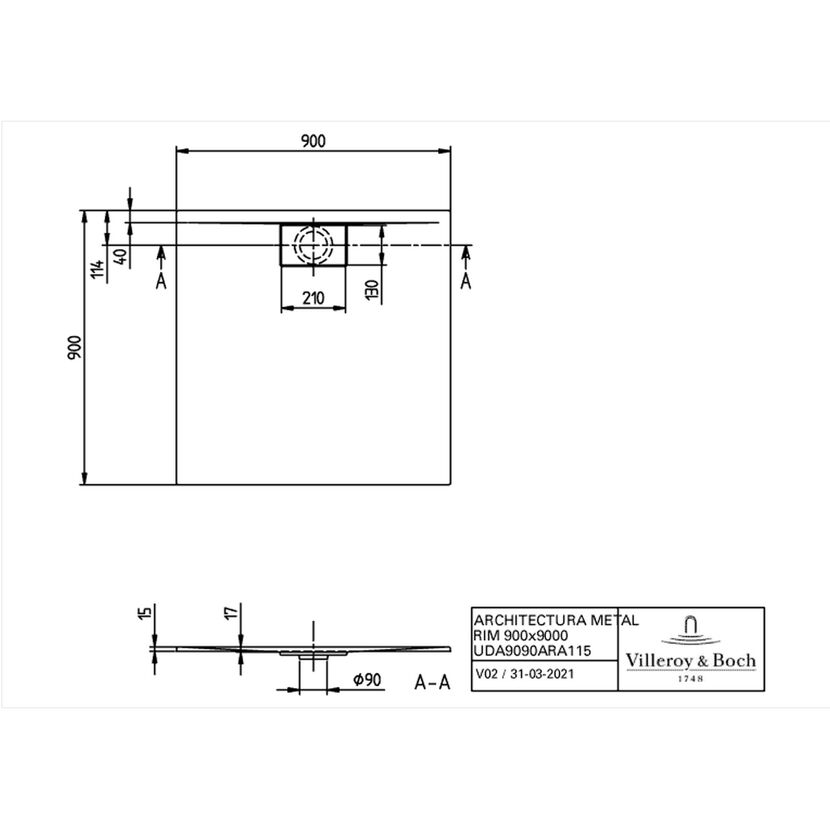Technische Zeichnung der Duschwanne Architectura Metal.