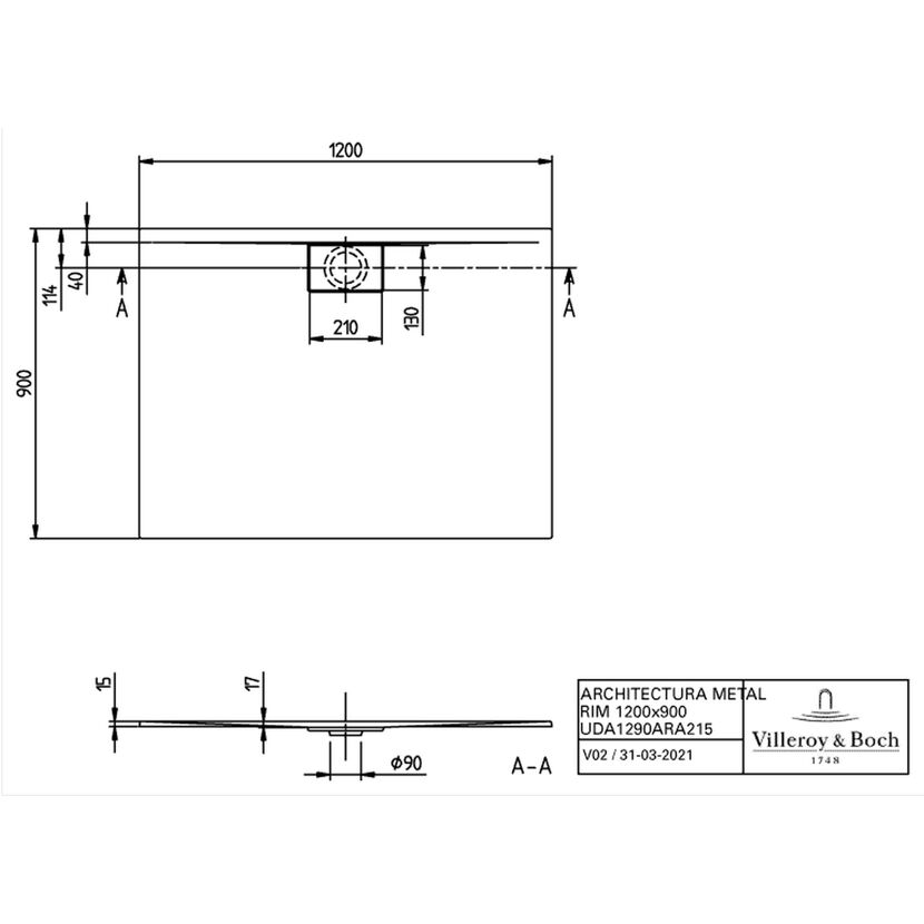 Technische Zeichnung der Duschwanne Architectura Metal.