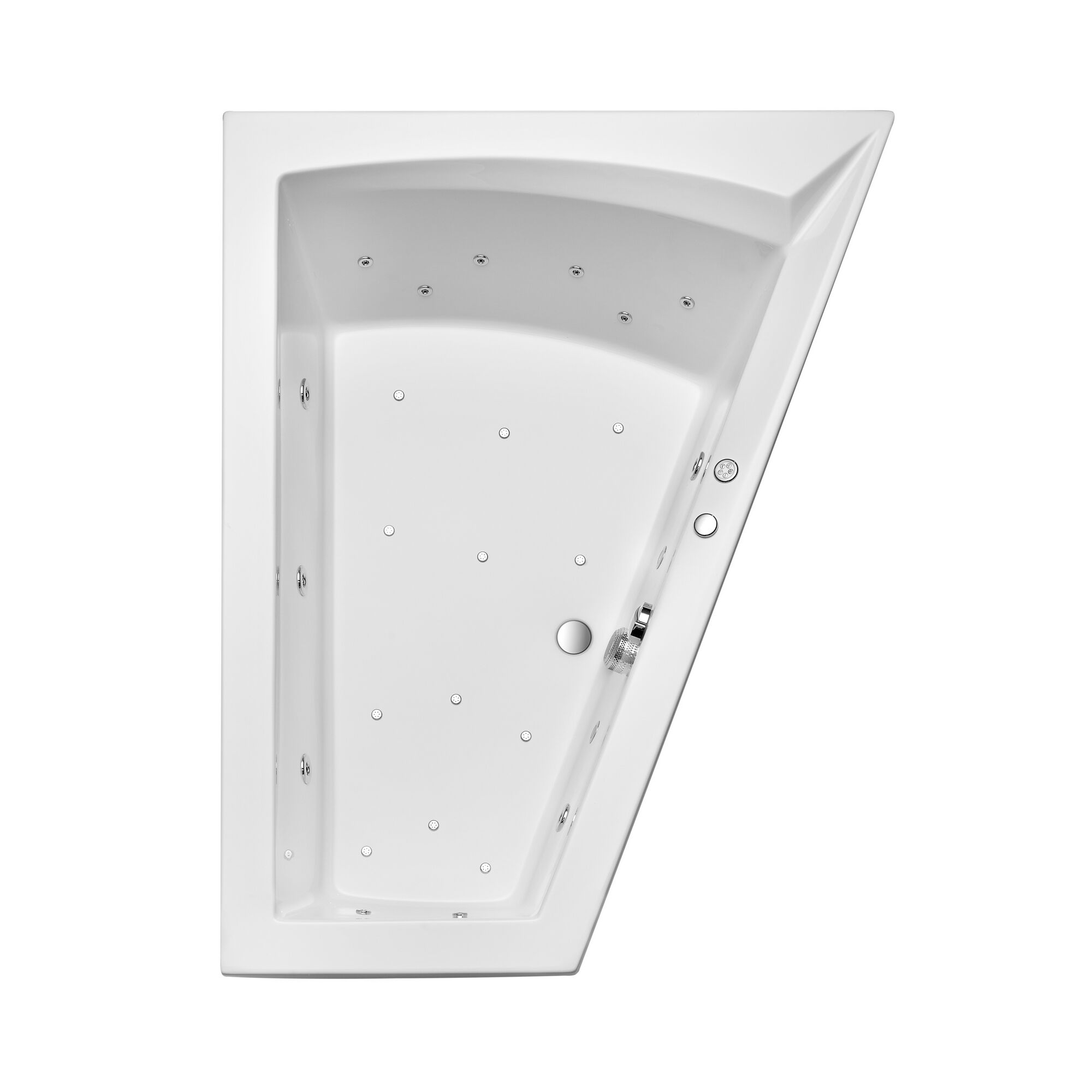 Weiße Eckbadewanne mit Whirlpooldüsen.