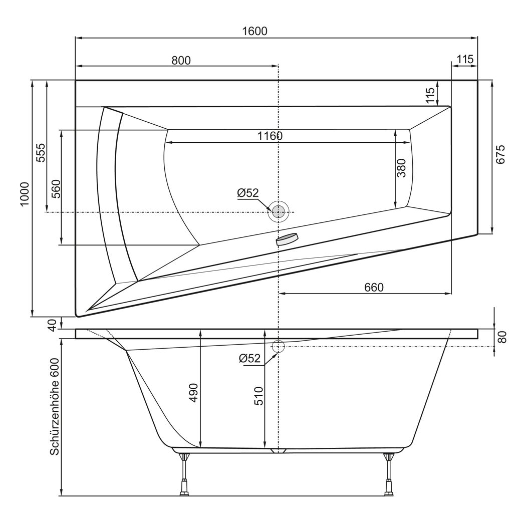 Technische Zeichnung einer asymmetrischen Badewanne mit Maßen.