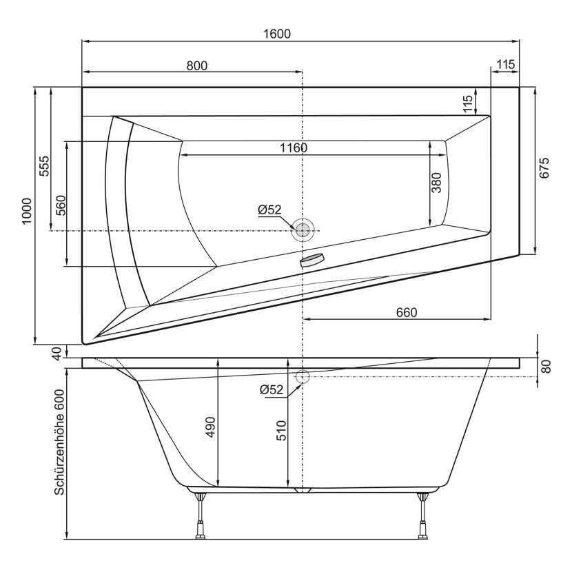 Technische Zeichnung einer asymmetrischen Badewanne mit Maßen.