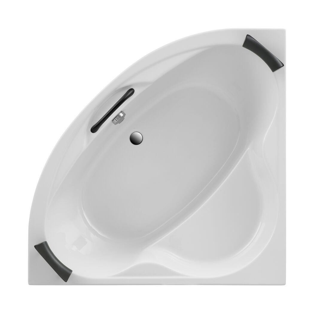 Eckbadewanne mit Ablauf und Griffen in der Draufsicht