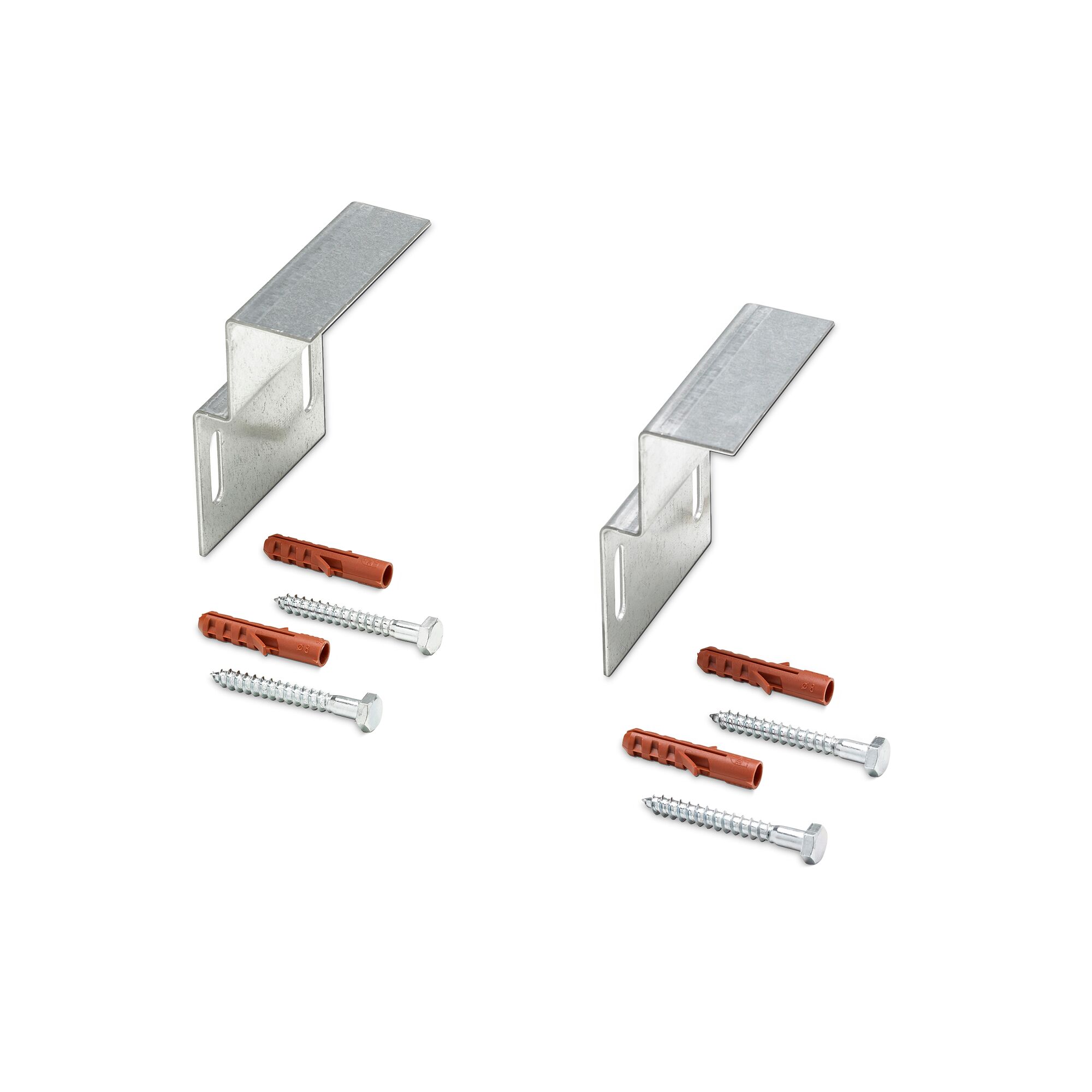 Zwei Metallwinkel mit Schrauben und Dübeln.