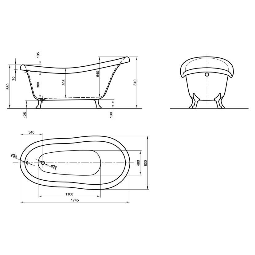Technische Zeichnung einer freistehenden Badewanne mit Abmessungen.