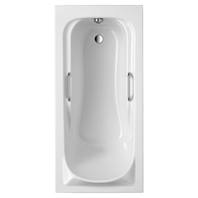 Weiße Badewanne mit Haltegriffen.