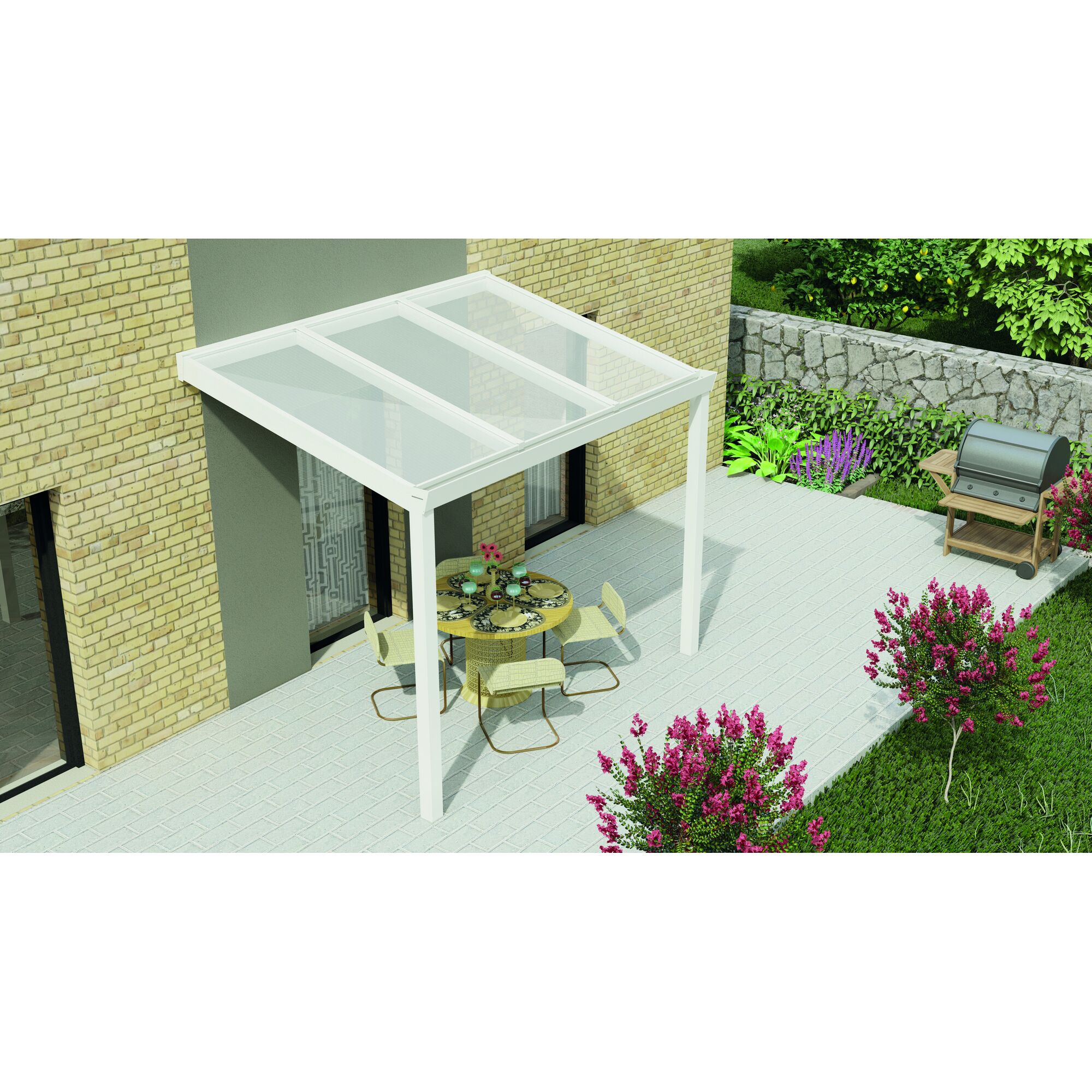 Weißes Terrassendach Legend mit Tisch und Stühlen