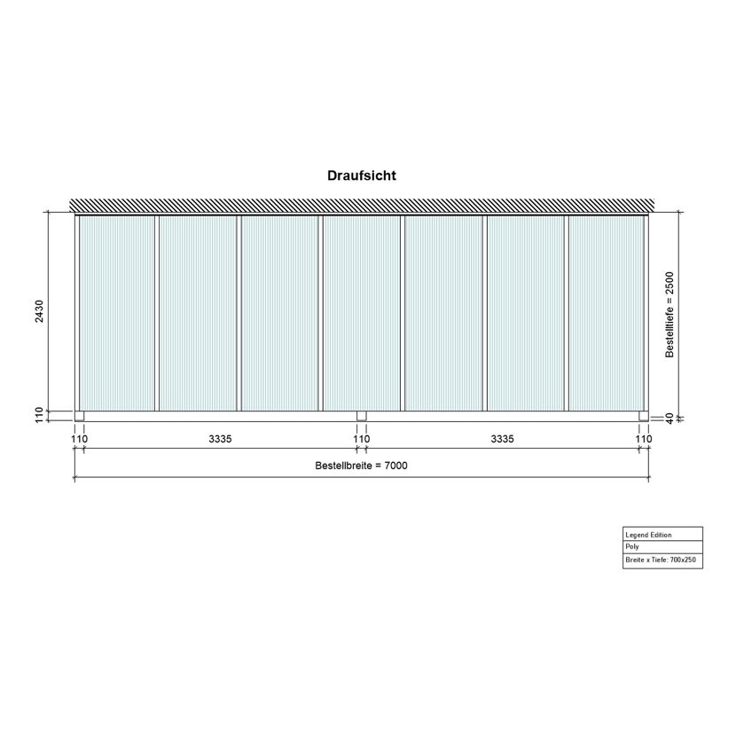 Zeichnung: Terrassendach Legend 7x2,5m weiß Poly opal Draufsicht