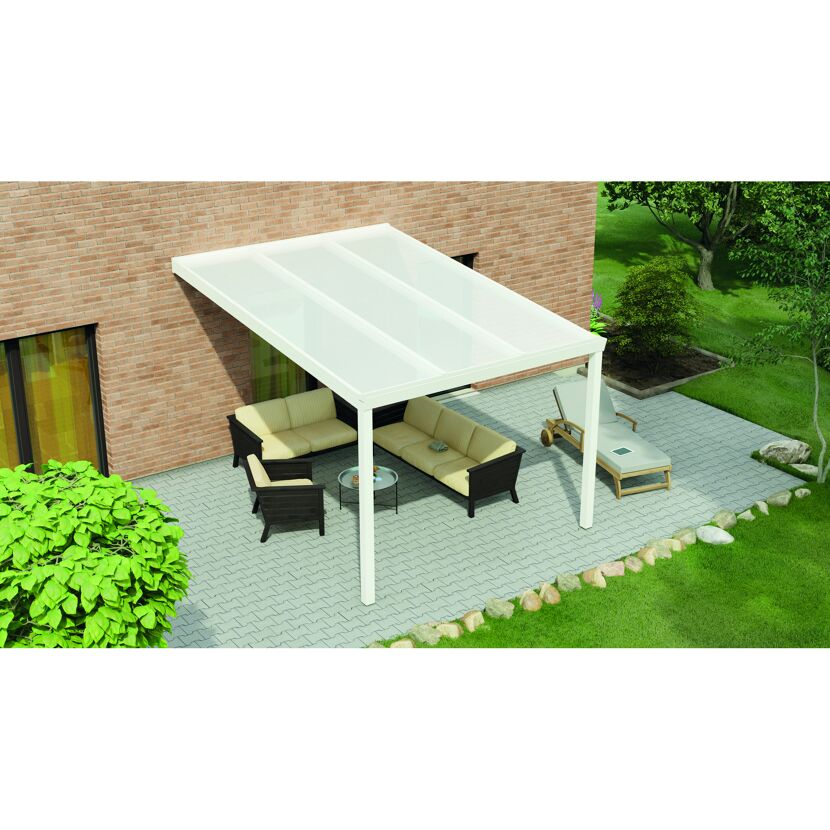 Weißes Terrassendach Legend mit Gartenmöbeln